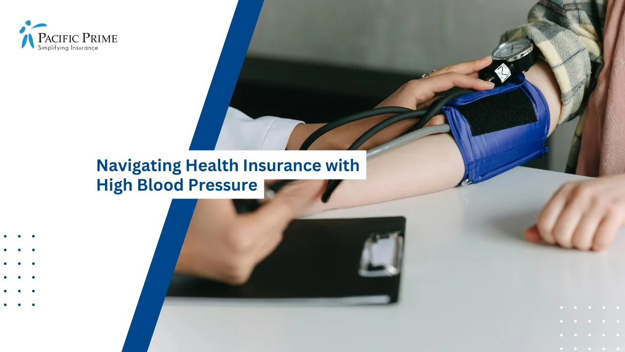 Image of Healthcare Worker Measuring Patient’s Blood Pressure In Clinic with text overlay of "Navigating Health Insurance with High Blood Pressure"