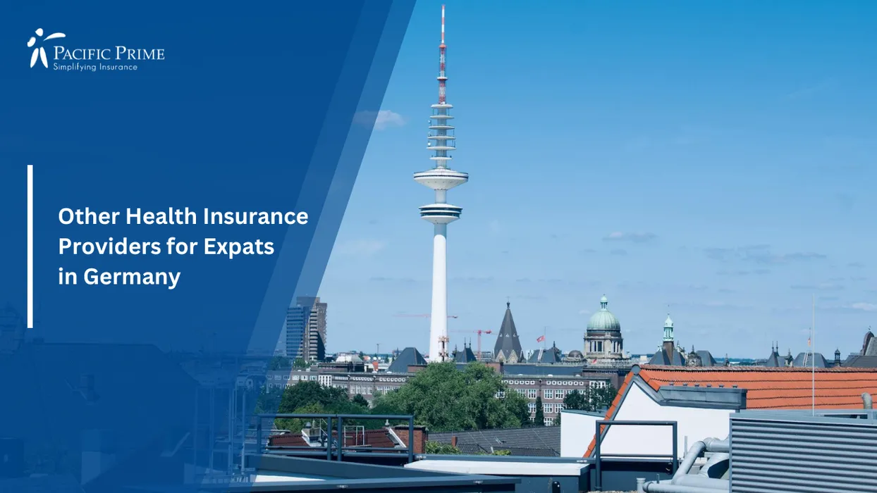 Image of Heinrich Hertz Tower Rising Above Hamburg Rooftops On A Clear Day with text overlay of "Other Health Insurance Providers for Expats in Germany"