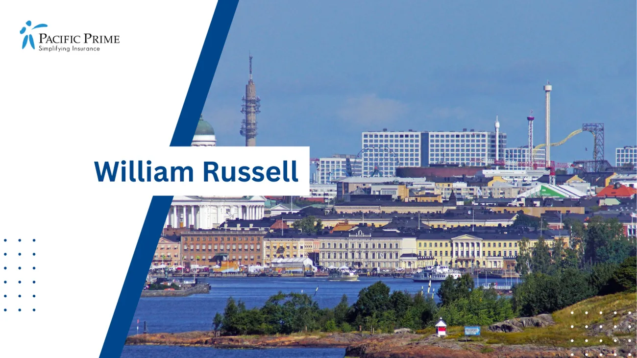 Image of Helsinki City Skyline Viewed From Across The Water On A Summer Day with text overlay of "William Russell"