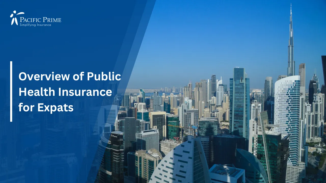 Image of High-angle Cityscape View Of Dubai From A Rooftop with text overlay of "Overview of Public Health Insurance for Expats"