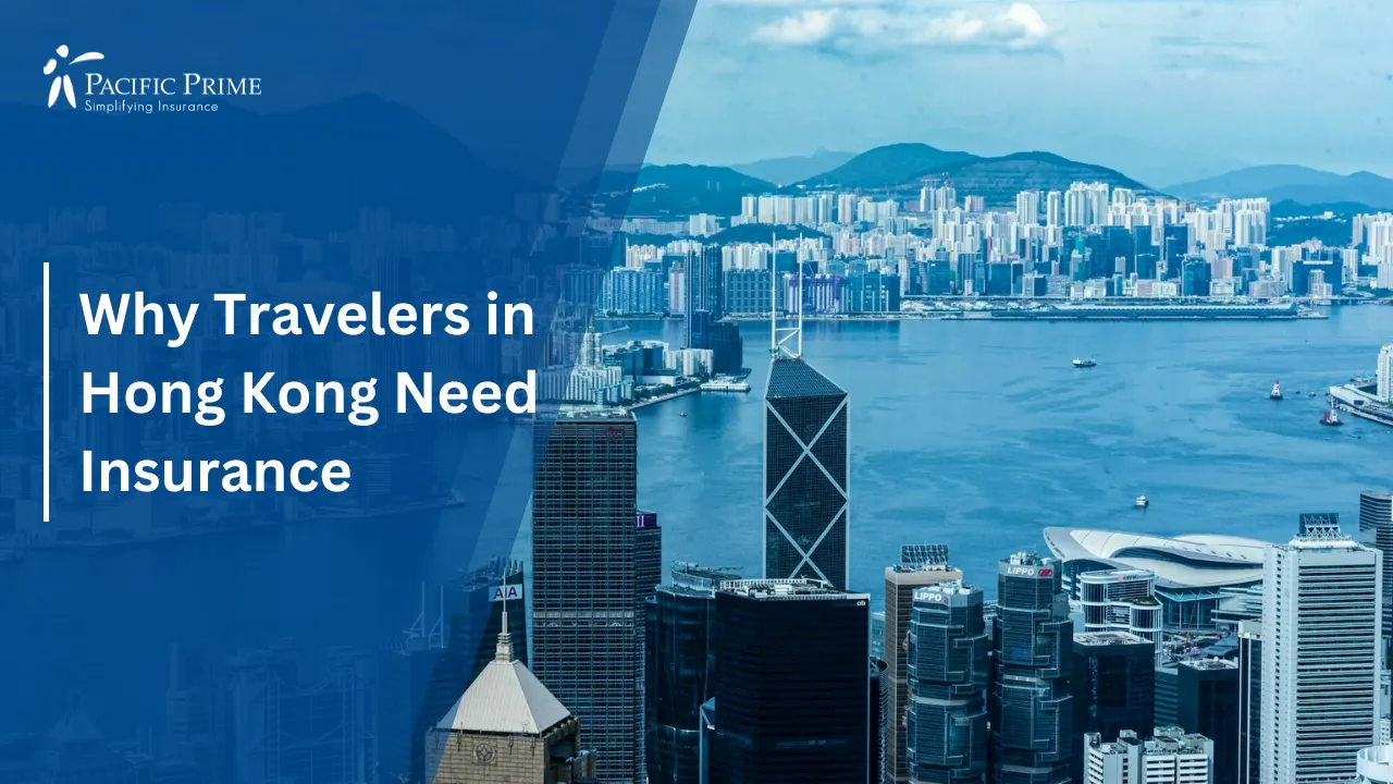 Image of High-angle View Of Hong Kong Cityscape From A Tall Building with text overlay of "Why Travelers in Hong Kong Need Insurance"