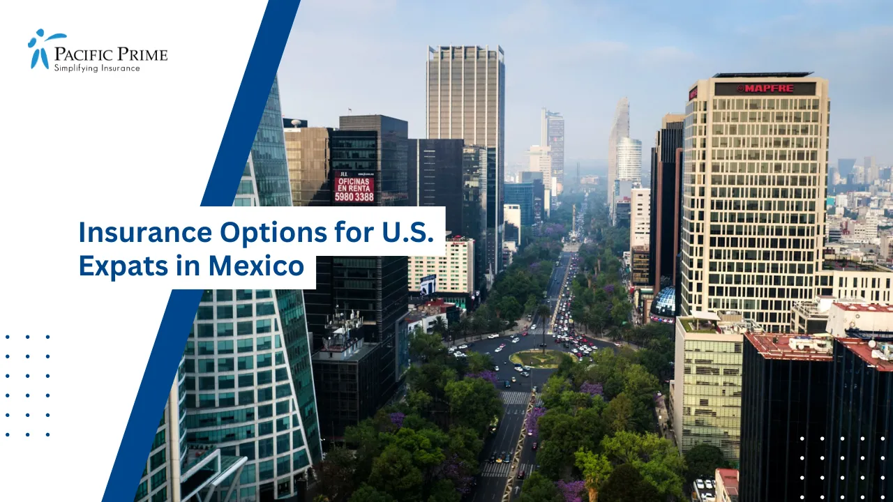Image of High-rise Buildings Along Paseo De La Reforma In Mexico City with text overlay of "Insurance Options for U.S. Expats in Mexico"