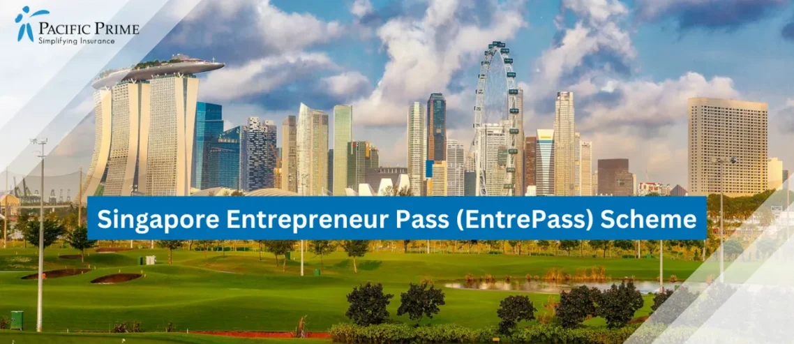 Image of High-rise Buildings Beside A Green Park In Singapore with text overlay of "Singapore Entrepreneur Pass (EntrePass) Scheme"