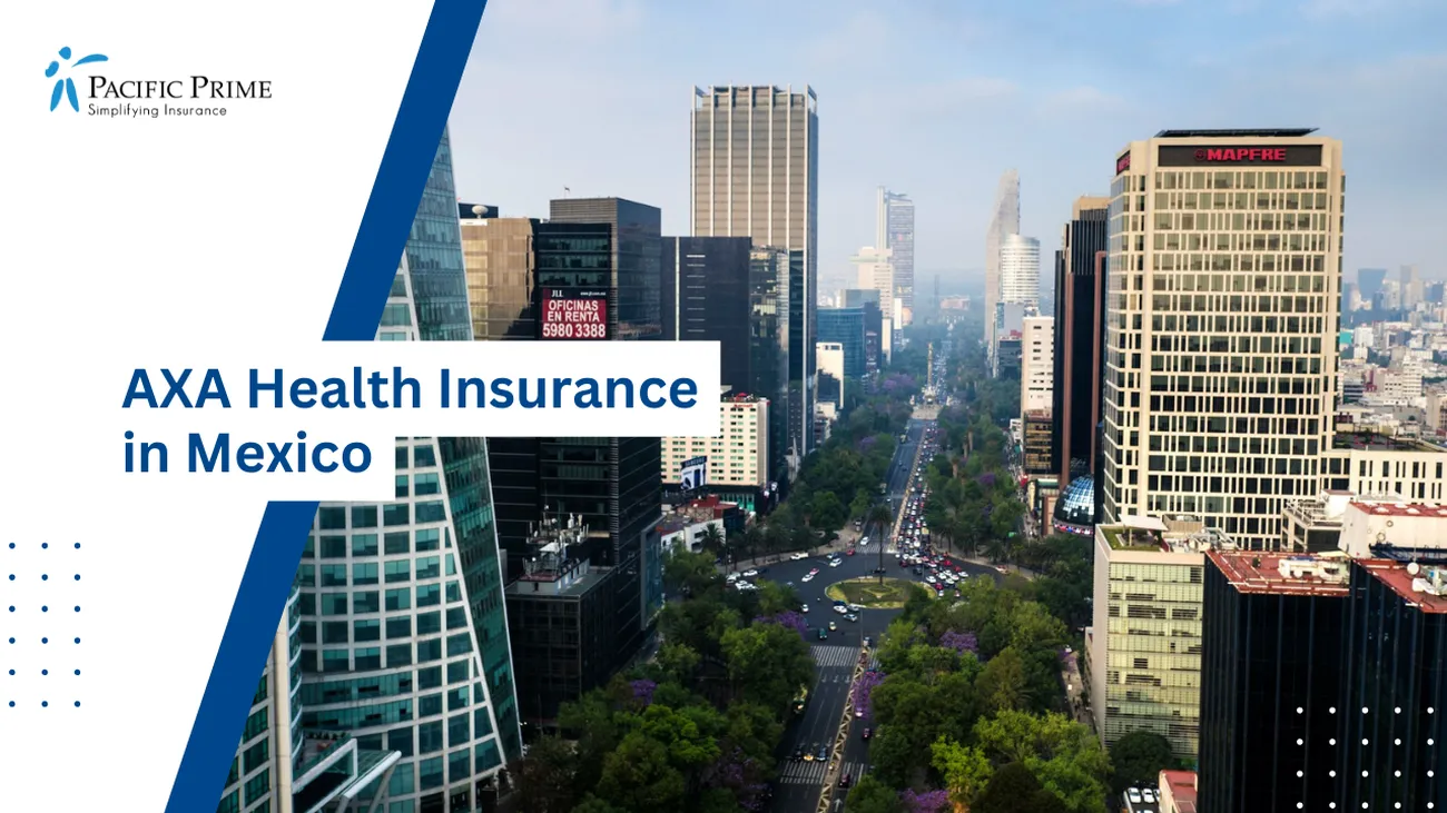 Image of High-rise Buildings On Avenida Paseo De La Reforma, Mexico City with text overlay of "AXA Health Insurance in Mexico"