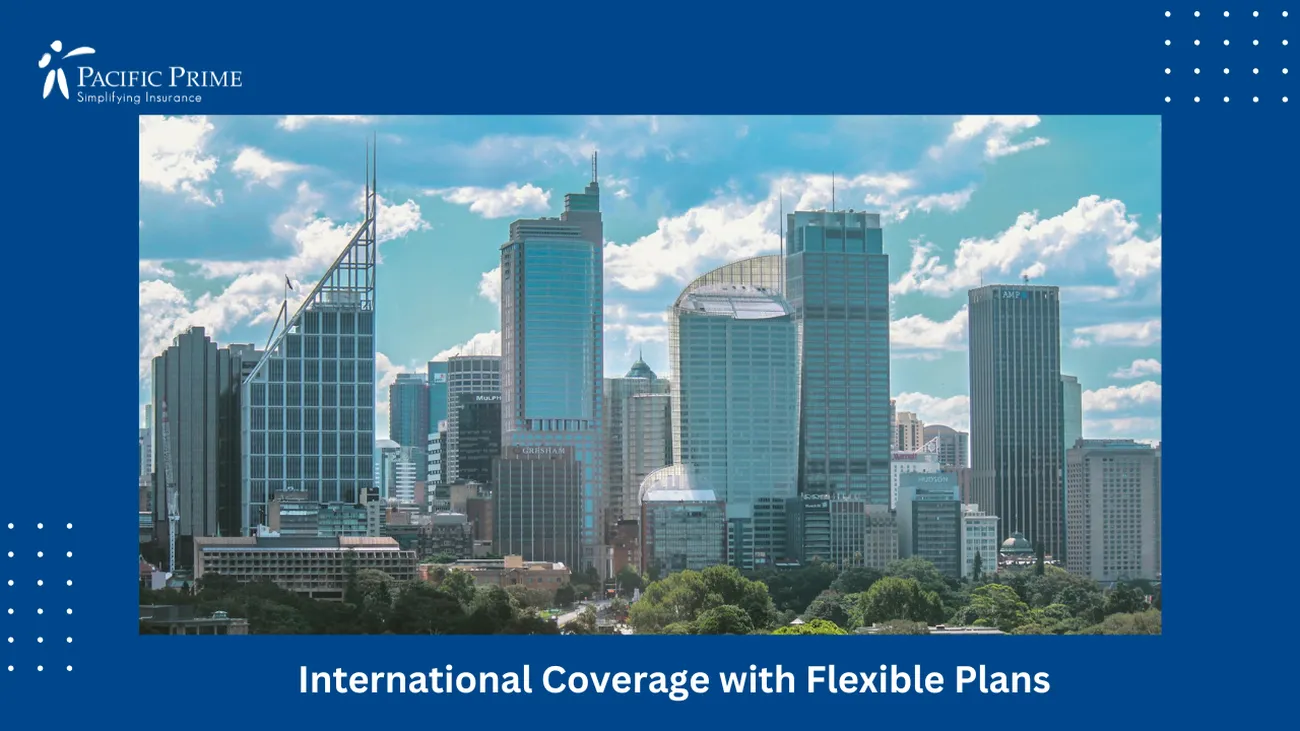 Image of High-rise Skyscrapers In Sydney, Australia with text overlay of "International Coverage with Flexible Plans"