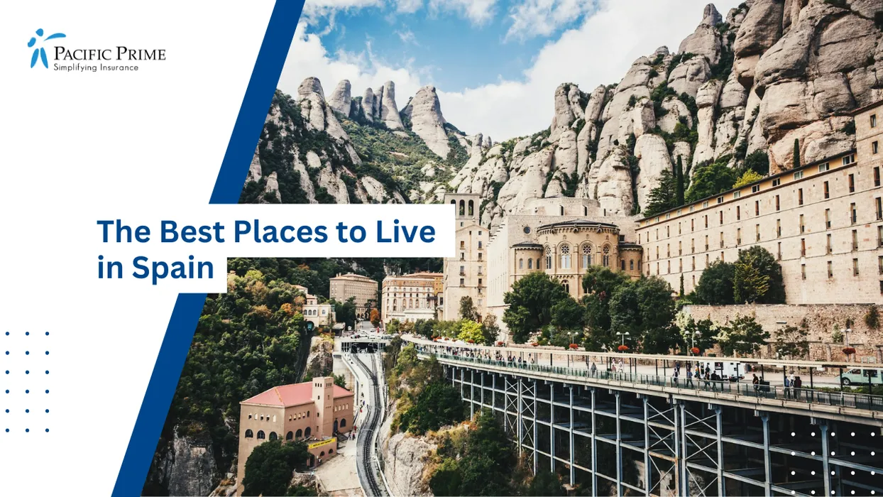 Image of Hillside Homes Near Montserrat Monastery Set Against Rugged Catalan Mountains In Daylight with text overlay of "The Best Places to Live in Spain"