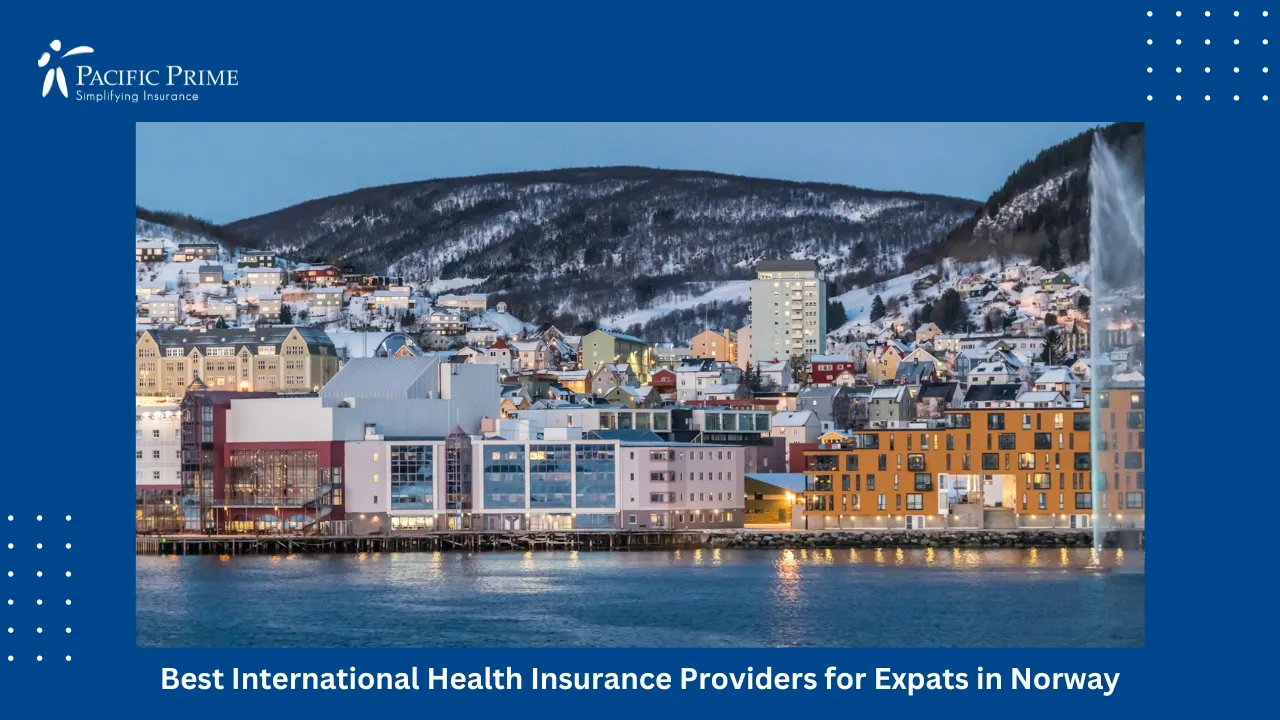 Image of Hillside Houses And Buildings On A Mountain Slope In Norway with text overlay of "Best International Health Insurance Providers for Expats in Norway"