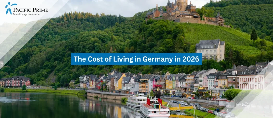 Image of Hillside Town Of Cochem With Clustered Historic Buildings Along The Valley with text overlay of "The Cost of Living in Germany in 2026"