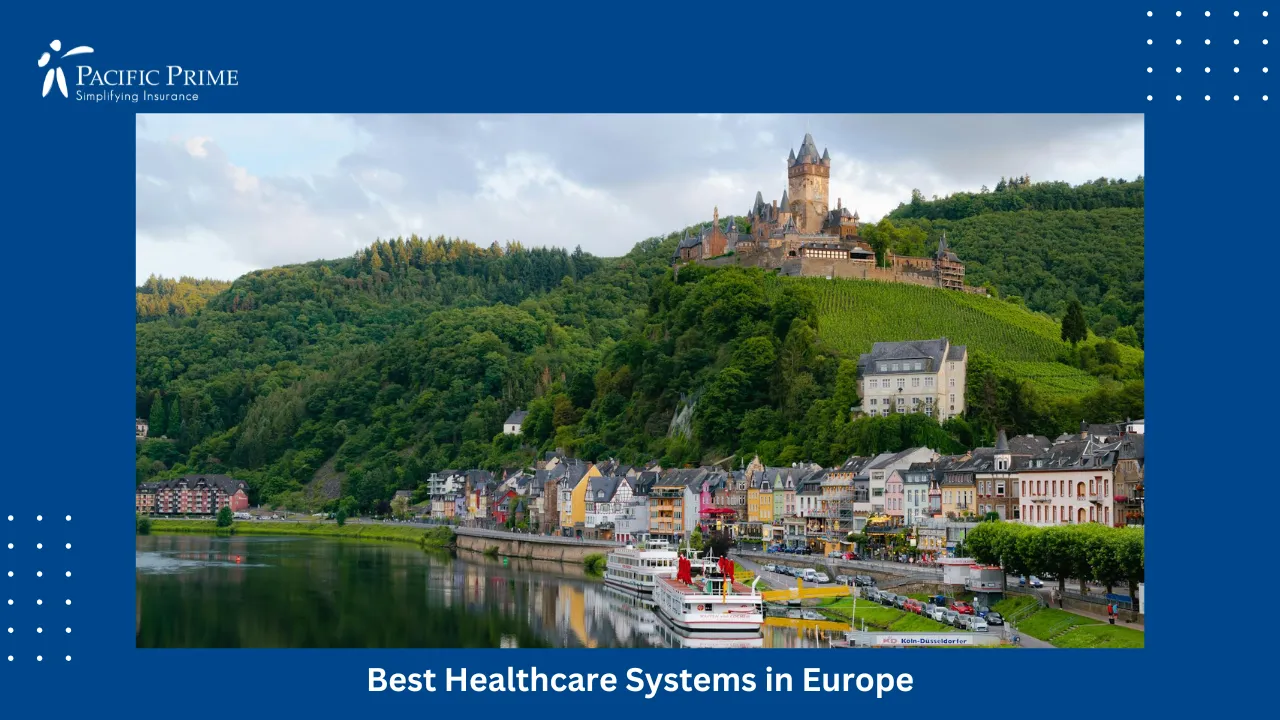 Image of Hilltop Castle Overlooking Village And River In Cochem, Germany with text overlay of "Best Healthcare Systems in Europe"