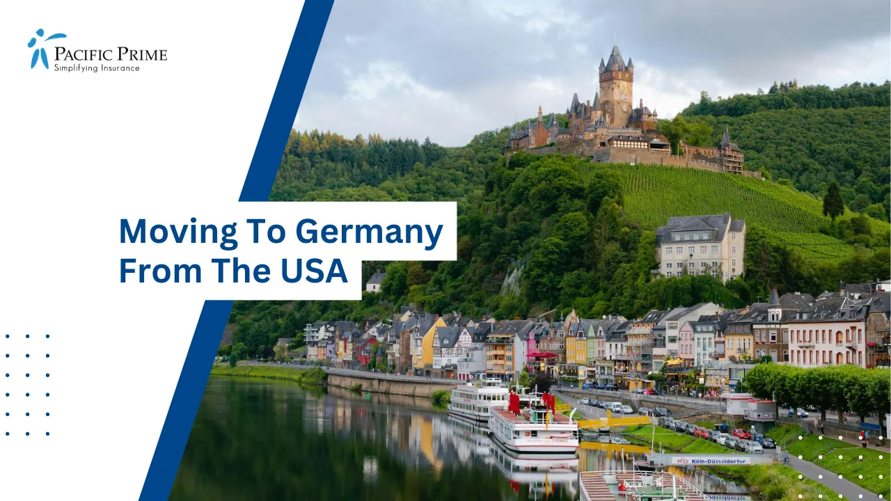 Image of Hilltop Castle Overlooking Village And River In Cochem, Germany with text overlay of "Moving To Germany From The USA"