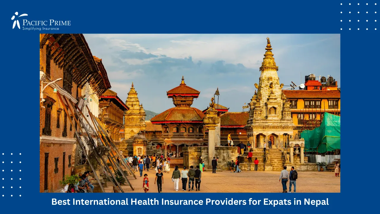 Image of Historic Bhaktapur Durbar Square In Nepal with text overlay of "Best International Health Insurance Providers for Expats in Nepal"
