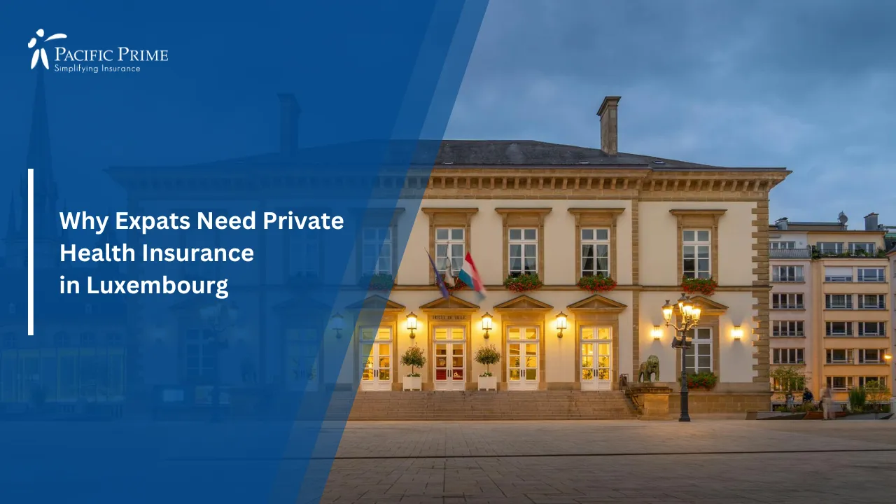 Image of Historic Building In Luxembourg City At Dusk with text overlay of "Why Expats Need Private Health Insurance in Luxembourg"
