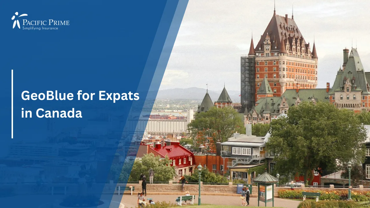 Image of Historic Building Surrounded By Green Trees In Quebec City with text overlay of "GeoBlue for Expats in Canada"