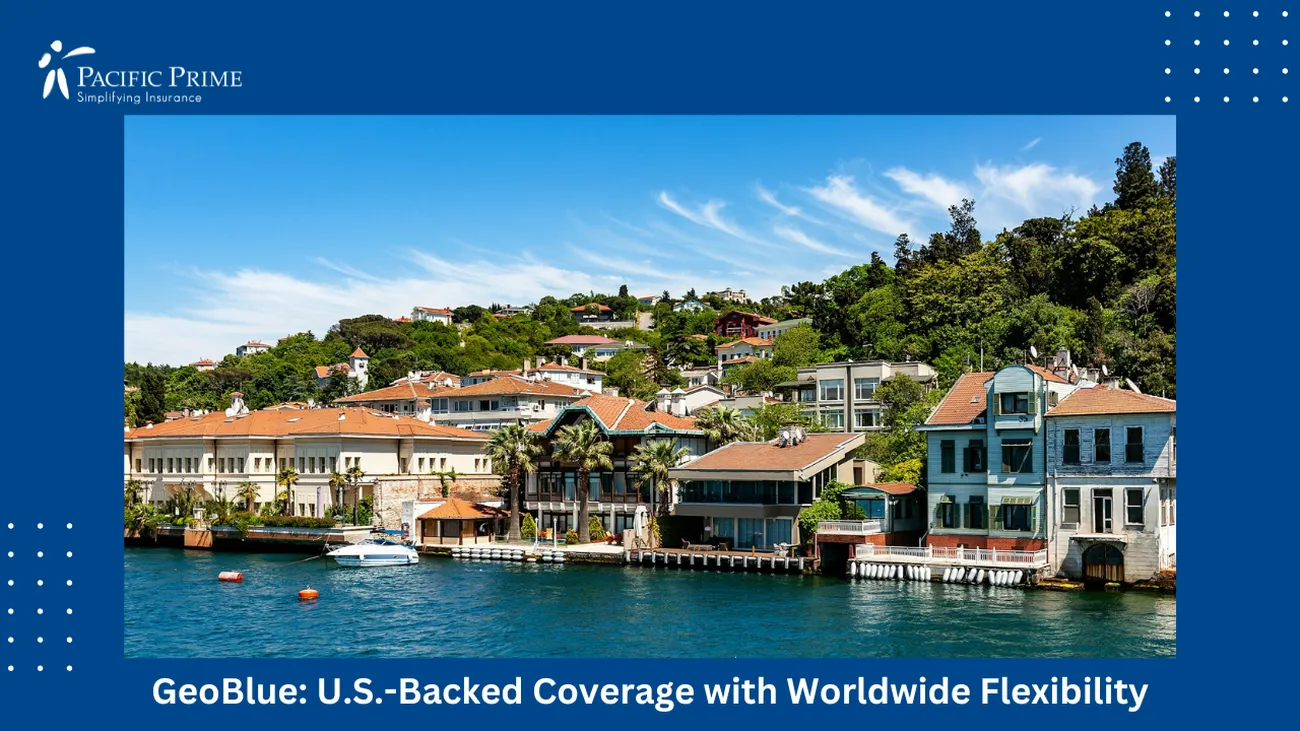 Image of Historic Buildings Along The Bosphorus Coastline In Istanbul with text overlay of "GeoBlue: U.S.-Backed Coverage with Worldwide Flexibility"