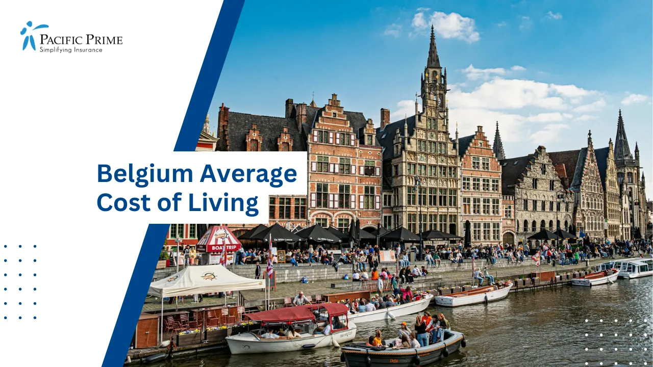Image of Historic Buildings And Lively Riverside Scene At Graslei In Ghent, Belgium with text overlay of "Belgium Average Cost of Living"