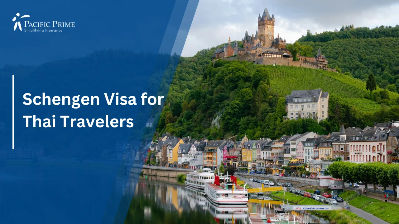Image of Historic Buildings In Cochem, Germany with text overlay of "Schengen Visa for Thai Travelers"