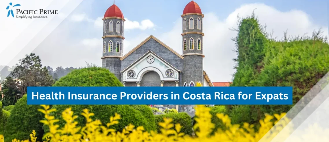 Image of Historic Catholic Church Surrounded By A Well-kept Garden Under A Blue Sky with text overlay of "Health Insurance Providers in Costa Rica for Expats"