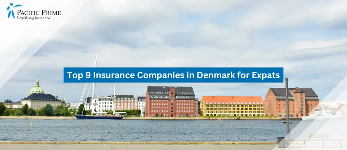 Image of Historic Copenhagen Waterfront Warehouse Beside Calm Canal With City Buildings Behind with text overlay of "Top 9 Insurance Companies in Denmark for Expats"
