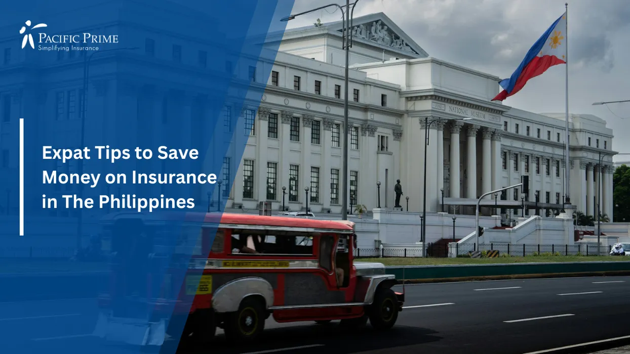 Image of Historic Facade Of Manila’s National Museum Of Fine Arts In The City Center with text overlay of "Expat Tips to Save Money on Insurance in The Philippines"