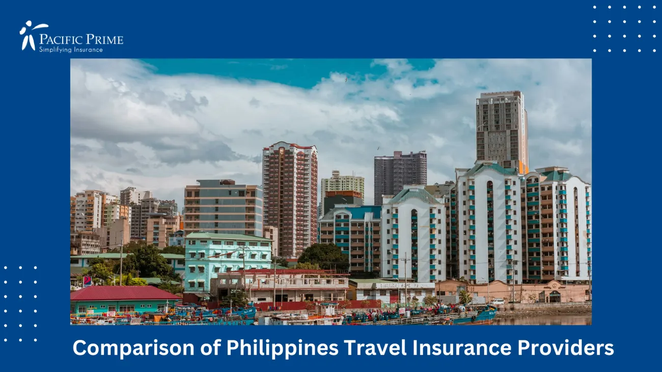 Image of Historic Fort Santiago In Manila With Boats And Cityscape Views with text overlay of "Comparison of Philippines Travel Insurance Providers"