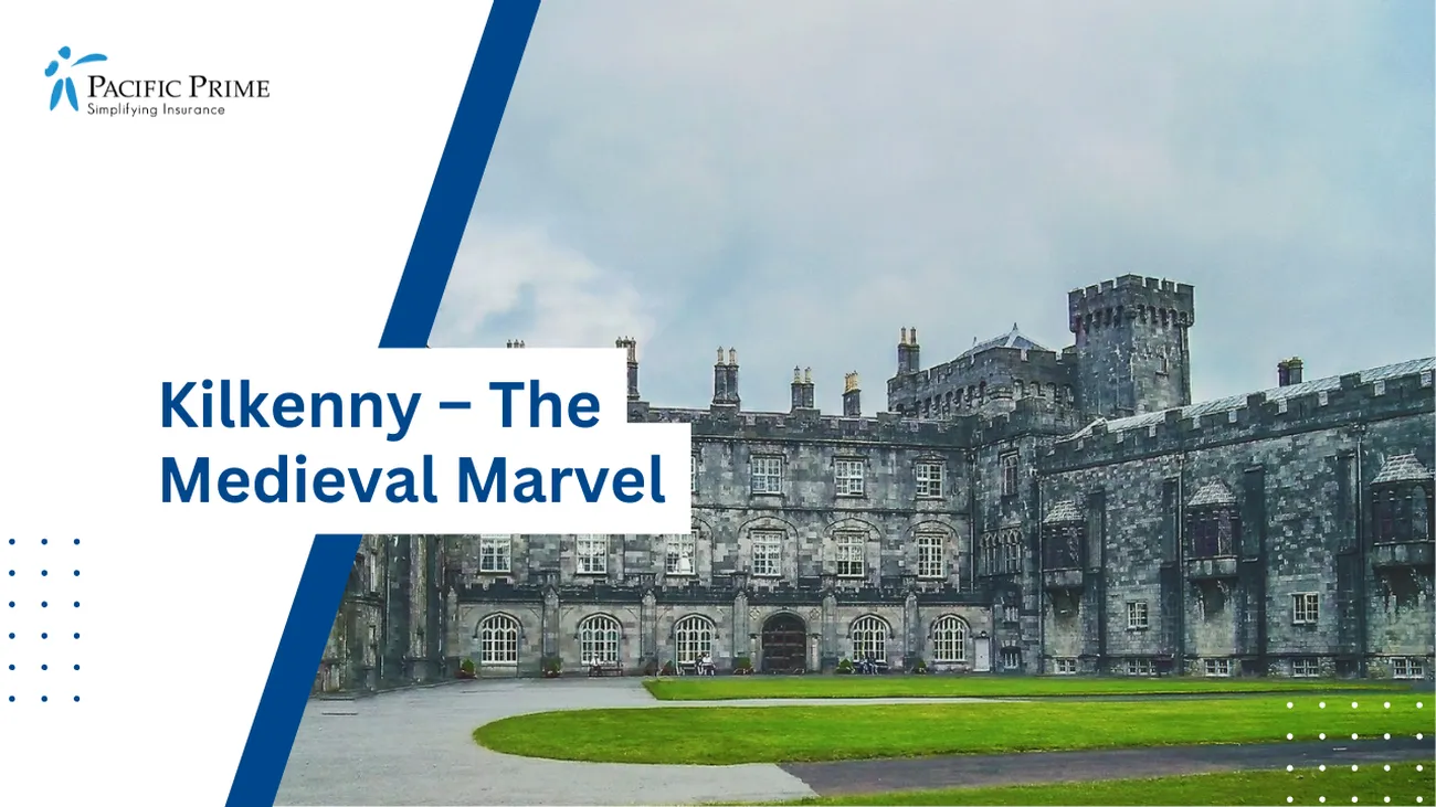 Image of Historic Kilkenny Castle In Daylight, Kilkenny, Ireland with text overlay of "Kilkenny – The Medieval Marvel"