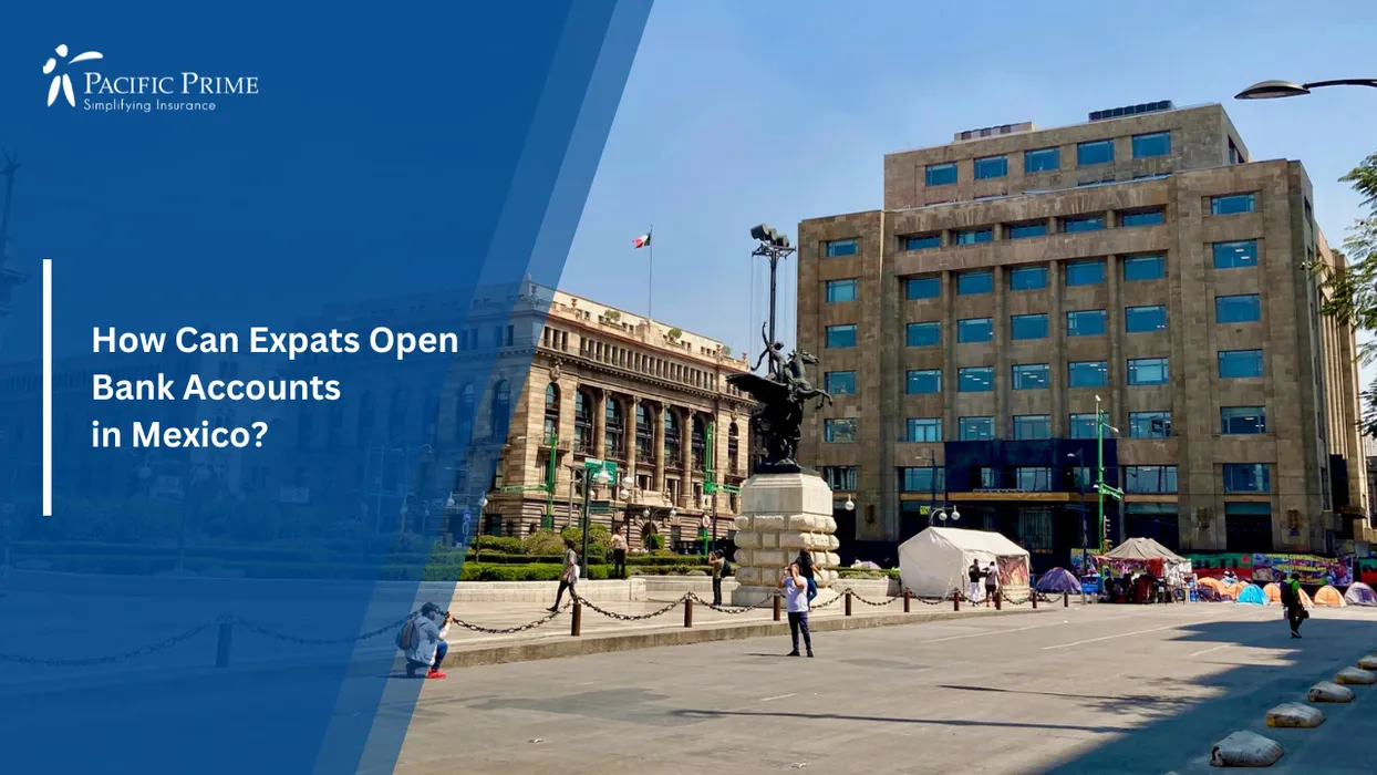 Image of Historic Mexico City Landmarks Including Bank Of Mexico And Palacio Postal Buildings with text overlay of "Opening a Bank Account in Mexico: 2026 Guide for Expats"