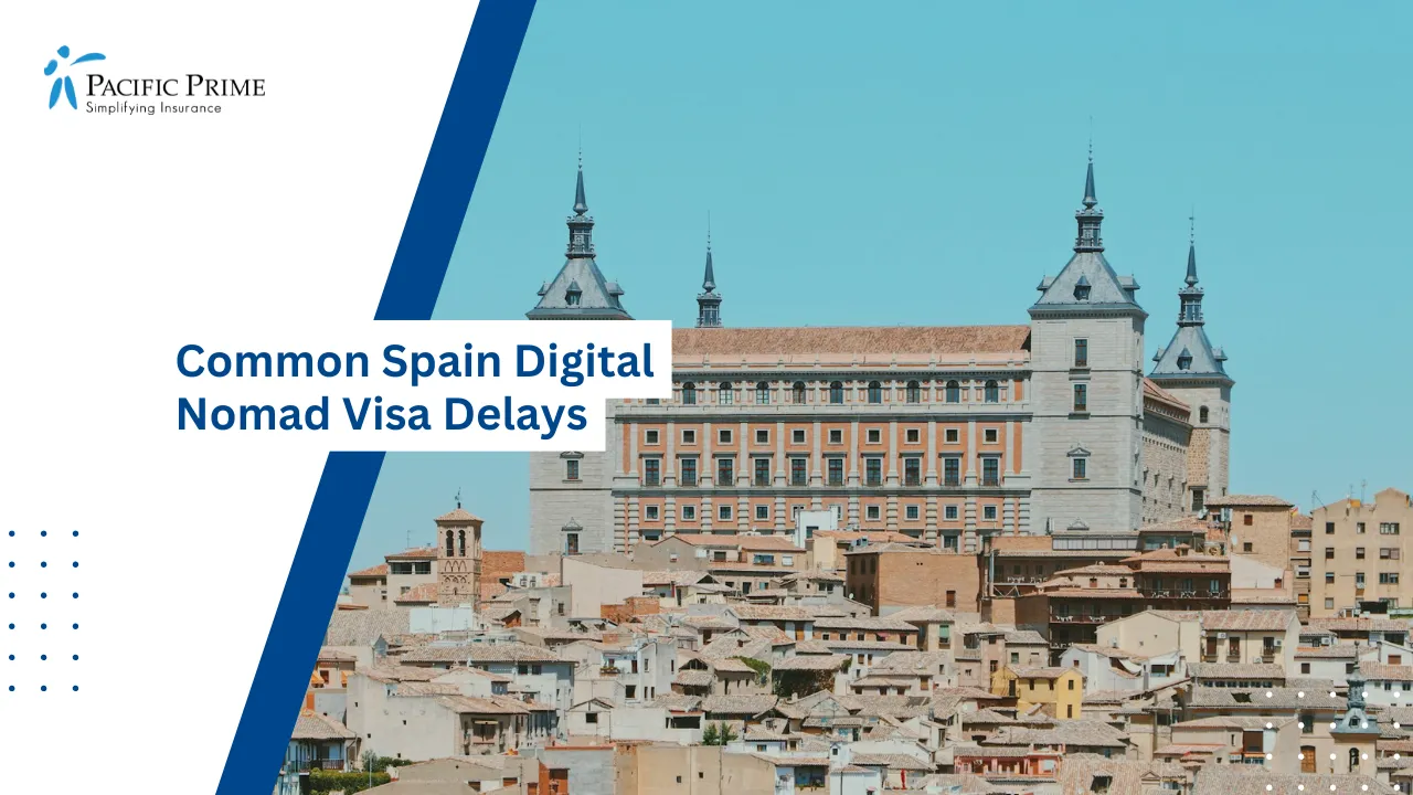 Image of Historic Tall Stone Building With Towers In Toledo, Spain with text overlay of "Common Spain Digital Nomad Visa Delays"