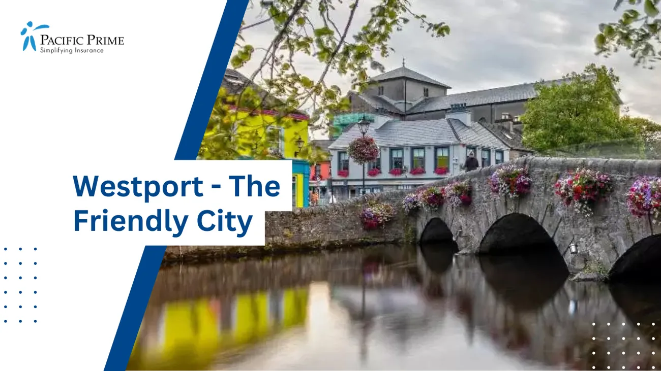 Image of Historic Westport Bridge Spanning Water In Westport, Ireland with text overlay of "Westport - The Friendly City"
