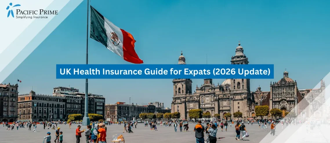 Image of Historic Zócalo Square In Mexico City Framed By Colonial Buildings And Open Plaza Space with text overlay of "Bupa Health Insurance in Mexico for Expats (2026 Guide)"