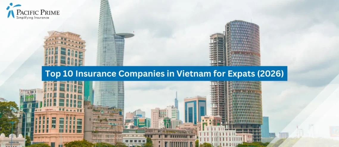 Image of Ho Chi Minh City Skyline Featuring Contemporary Towers Rising Above Bustling Districts with text overlay of "Top 10 Insurance Companies in Vietnam for Expats (2026)"