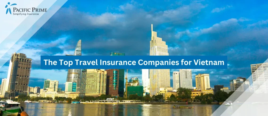 Image of Ho Chi Minh City Skyline Reflected In River During Daytime with text overlay of "The Top Travel Insurance Companies for Vietnam"
