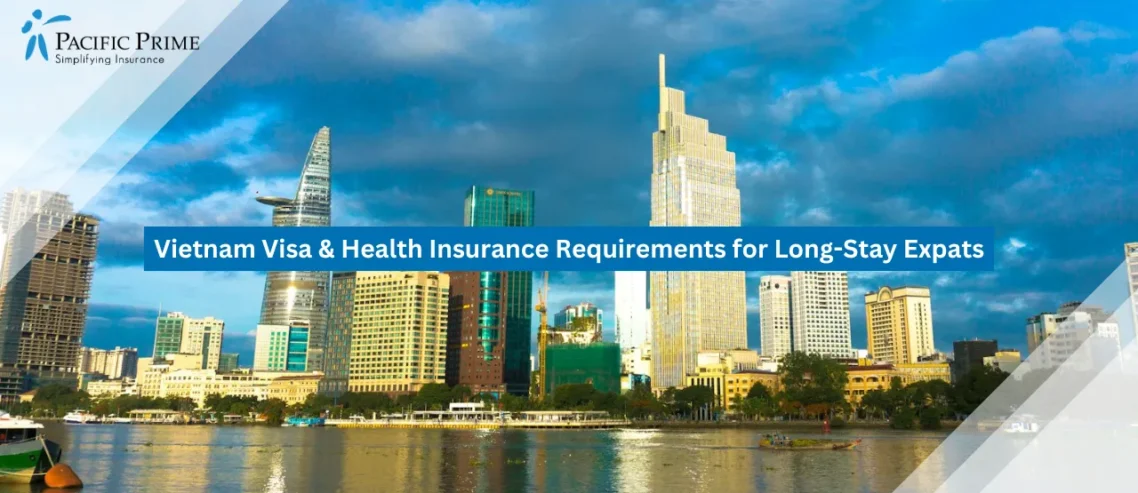 Image of Ho Chi Minh City Skyline Rising Beyond The River In Daylight with text overlay of "Vietnam Visa & Health Insurance Requirements for Long-Stay Expats"