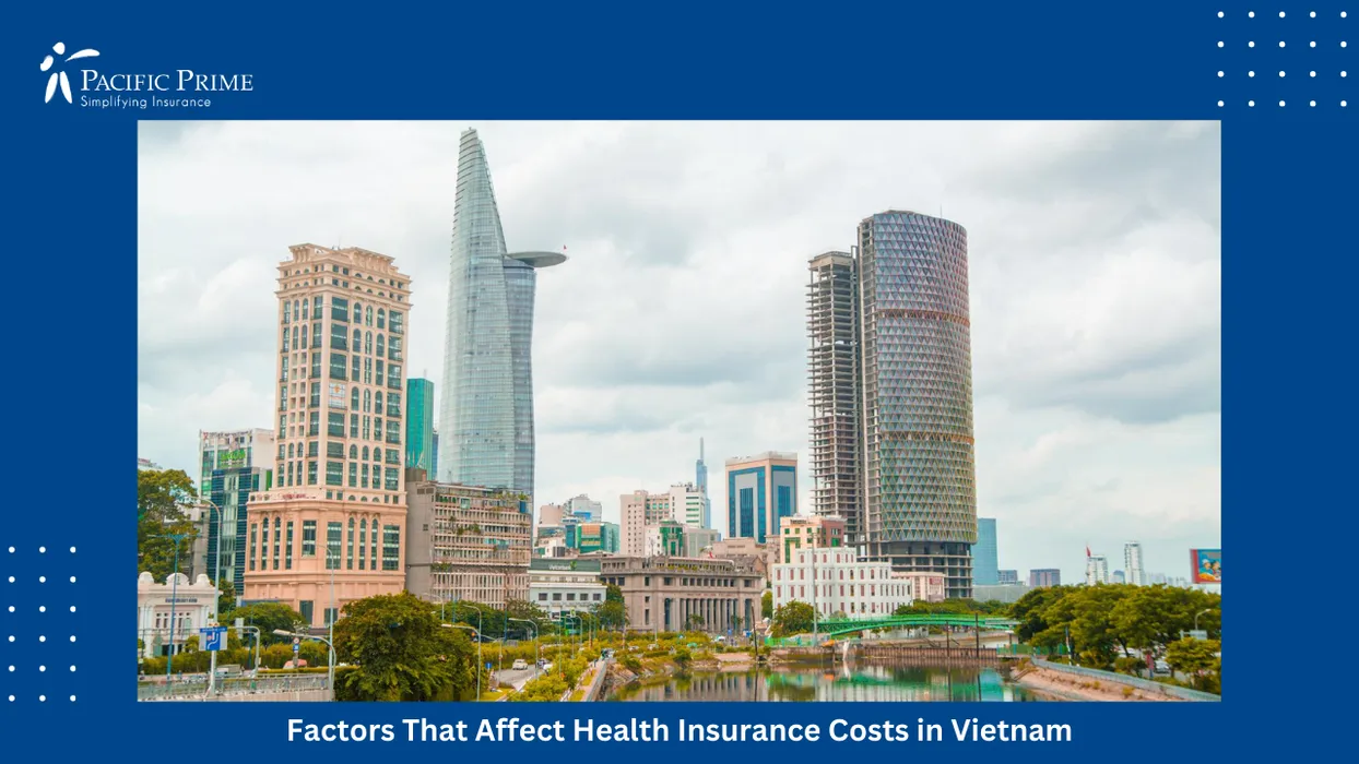 Image of Ho Chi Minh City Skyline With Modern Skyscrapers And Dense Urban Landscape with text overlay of "Factors That Affect Health Insurance Costs in Vietnam"
