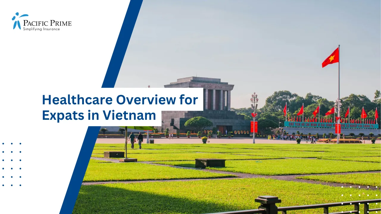 Image of Ho Chi Minh Mausoleum In Ba Dinh District, Hanoi, Vietnam with text overlay of "Healthcare Overview for Expats in Vietnam"