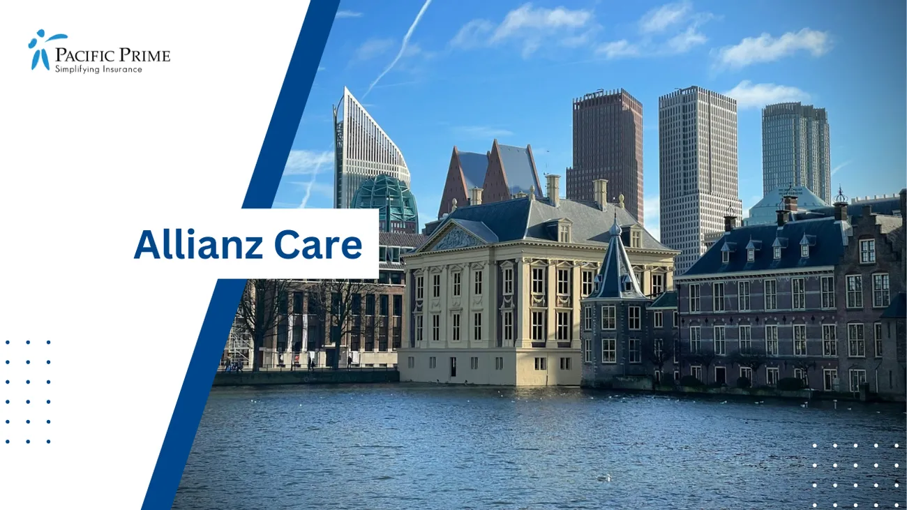 Image of Hofvijver With Buildings Reflecting In The Water, The Hague, Netherlands with text overlay of "Allianz Care"