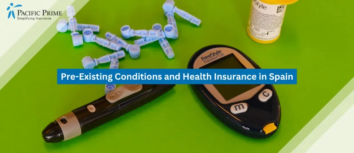 Image of Home Blood Glucose Kit With Meter, Strips, Lancets, And Finger Pricker Device with text overlay of "Pre-Existing Conditions and Health Insurance in Spain"