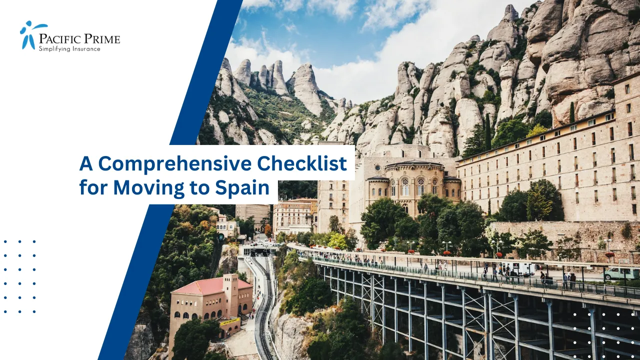 Image of Homes Nestled Near Montserrat Mountain Under Clear Daytime Skies with text overlay of "A Comprehensive Checklist for Moving to Spain"