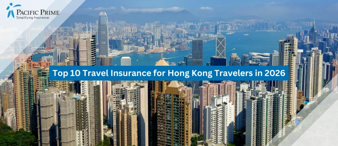 Image of Hong Kong Island Skyline Under A Clear Blue Sky During Daytime with text overlay of "Top 10 Travel Insurance for Hong Kong Travelers in 2026"