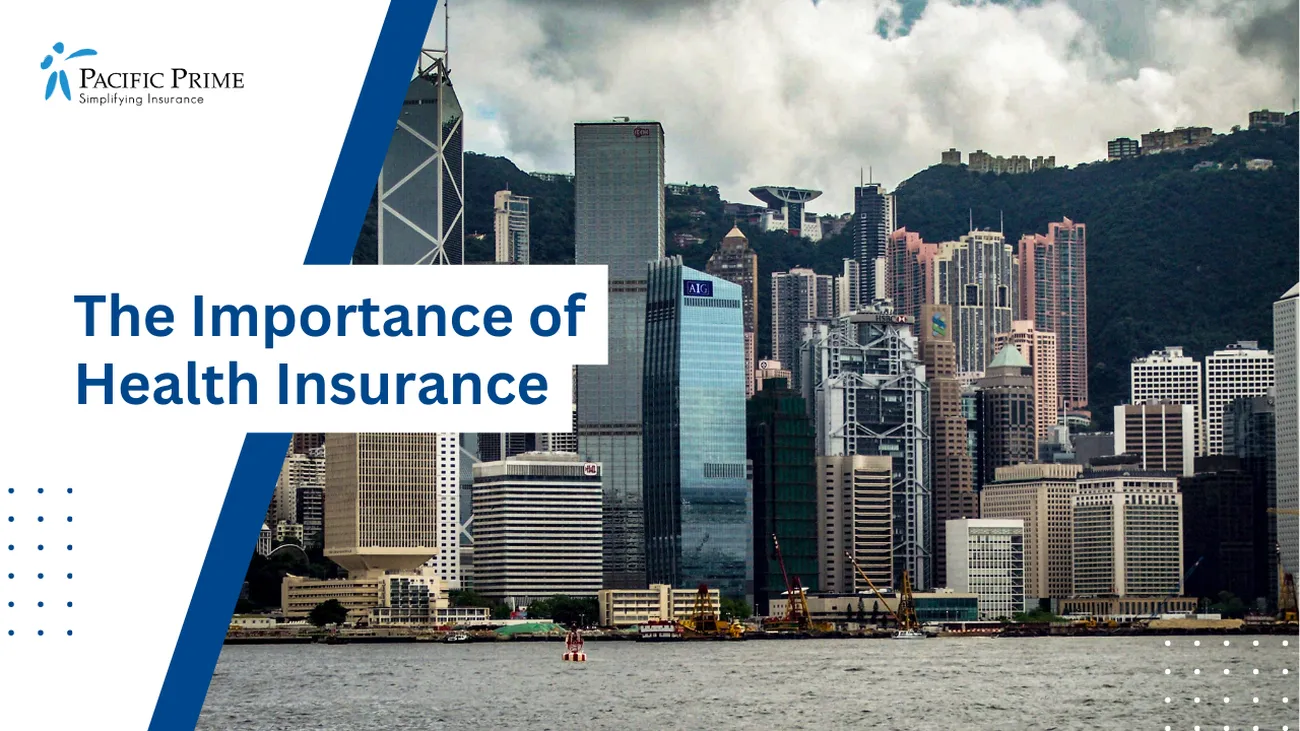 Image of Hong Kong Skyline From Victoria Harbor with text overlay of "The Importance of Health Insurance"