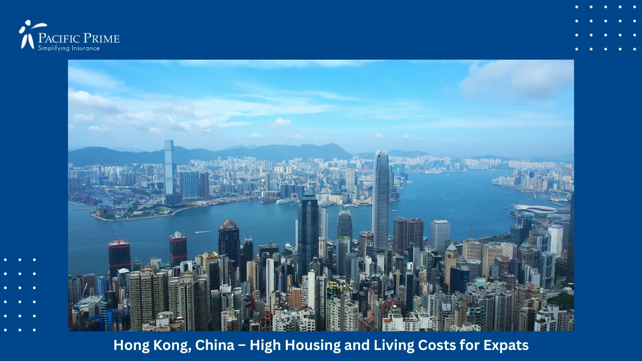 Image of Hong Kong Skyline Overlooking Victoria Harbour And Kowloon with text overlay of "Hong Kong, China &ndash; High Housing and Living Costs for Expats"