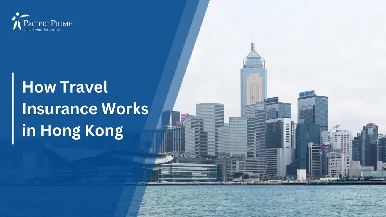 Image of Hong Kong Skyline With Buildings By The Ocean Under A Clear Blue Sky with text overlay of "How Travel Insurance Works in Hong Kong"
