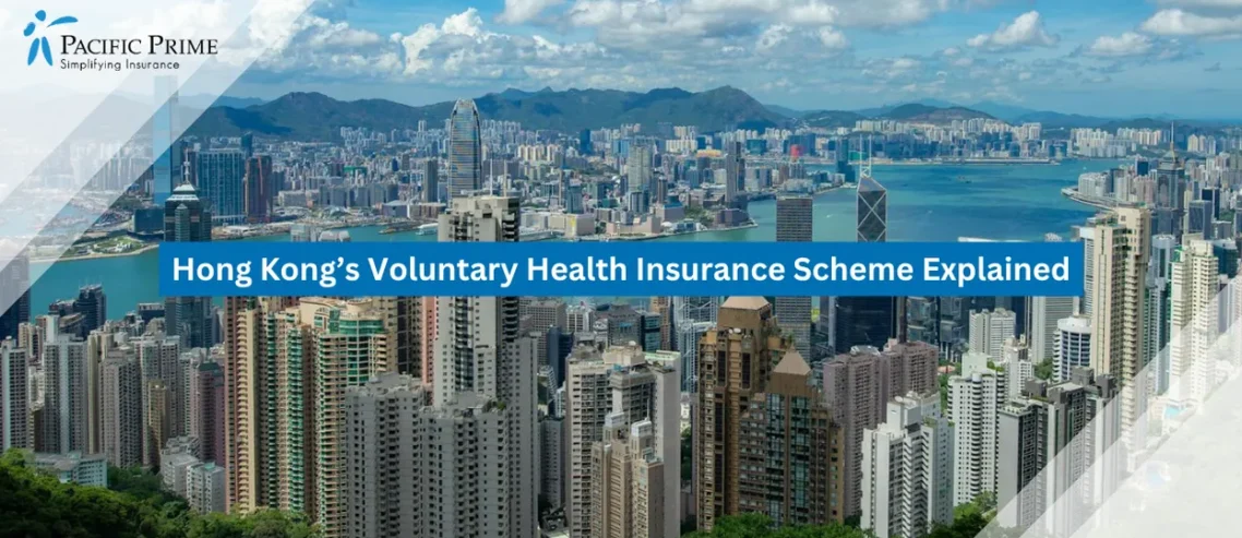 Image of Hong Kong Skyline With High-rise Towers Beneath Clear Blue Sky And Scattered Clouds with text overlay of "Hong Kong’s Voluntary Health Insurance Scheme Explained"