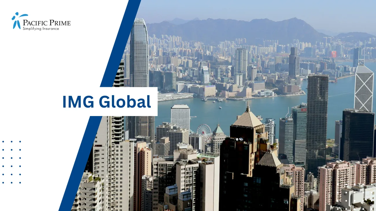 Image of Hong Kong Skyline With Modern High-rise Buildings And Clear Blue Sky with text overlay of "IMG Global"