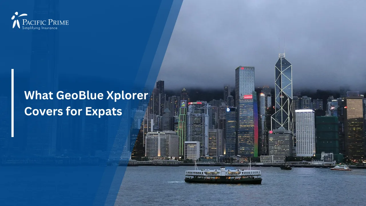 Image of Hong Kong Skyline With Skyscrapers And Ferry On A Cloudy Day Over The Harbor with text overlay of "What GeoBlue Xplorer Covers for Expats"