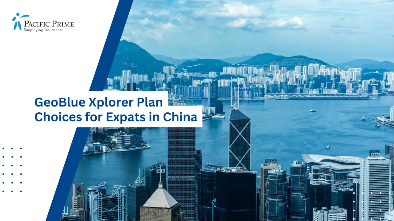 Image of Hong Kong Skyline With Tall Skyscrapers And A Bustling Harbor View with text overlay of "GeoBlue Xplorer Plan Choices for Expats in China"