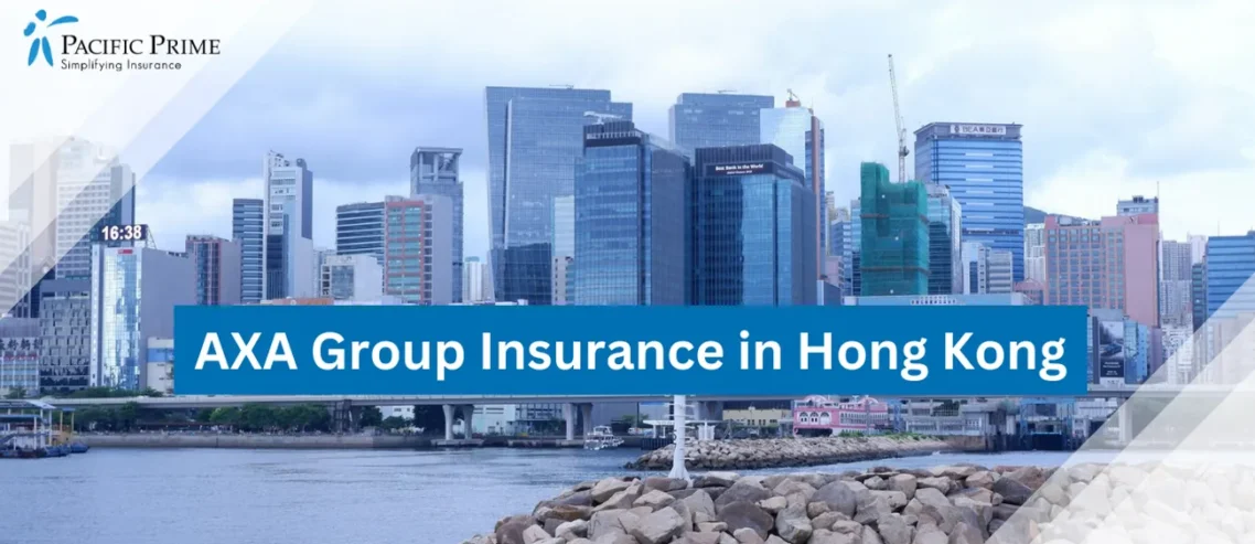 Image of Hong Kong Waterfront Cityscape Under Cloudy Skies with text overlay of "AXA Group Insurance in Hong Kong"