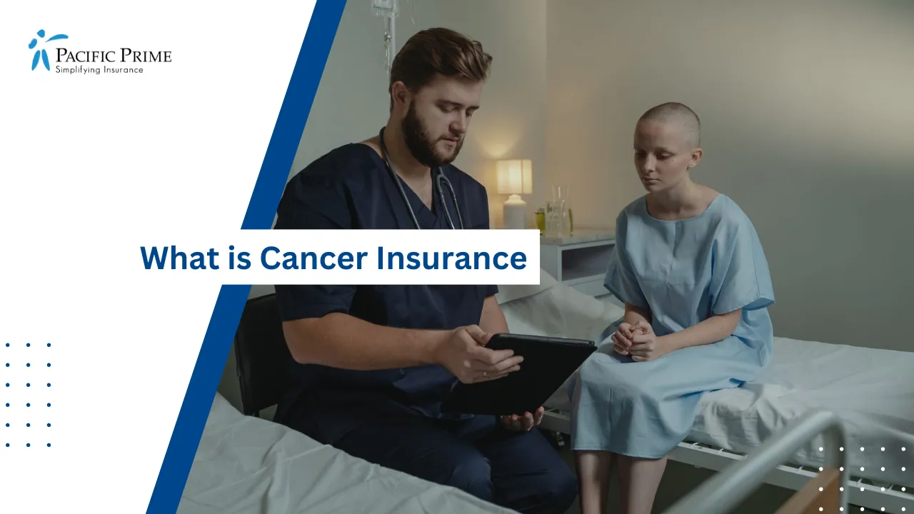 Image of Hospital Doctor Reviewing Digital Records While Speaking With A Patient with text overlay of "What is Cancer Insurance"