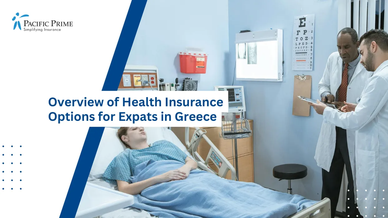 Image of Hospital Physicians Reviewing A Patient Case Together During A Clinical Consultation Meeting with text overlay of "Overview of Health Insurance Options for Expats in Greece"