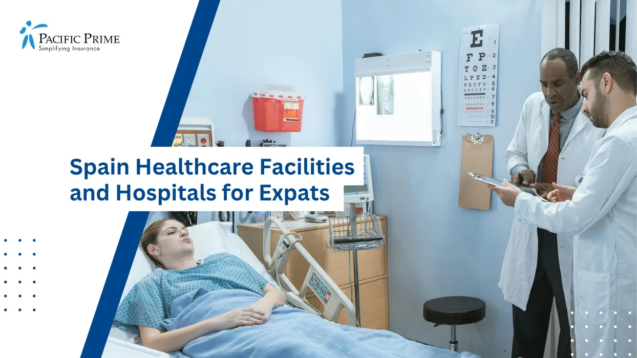 Image of Hospital Team Reviewing Patient Case Collaboratively During Clinical Consultation with text overlay of "Spain Healthcare Facilities and Hospitals for Expats"