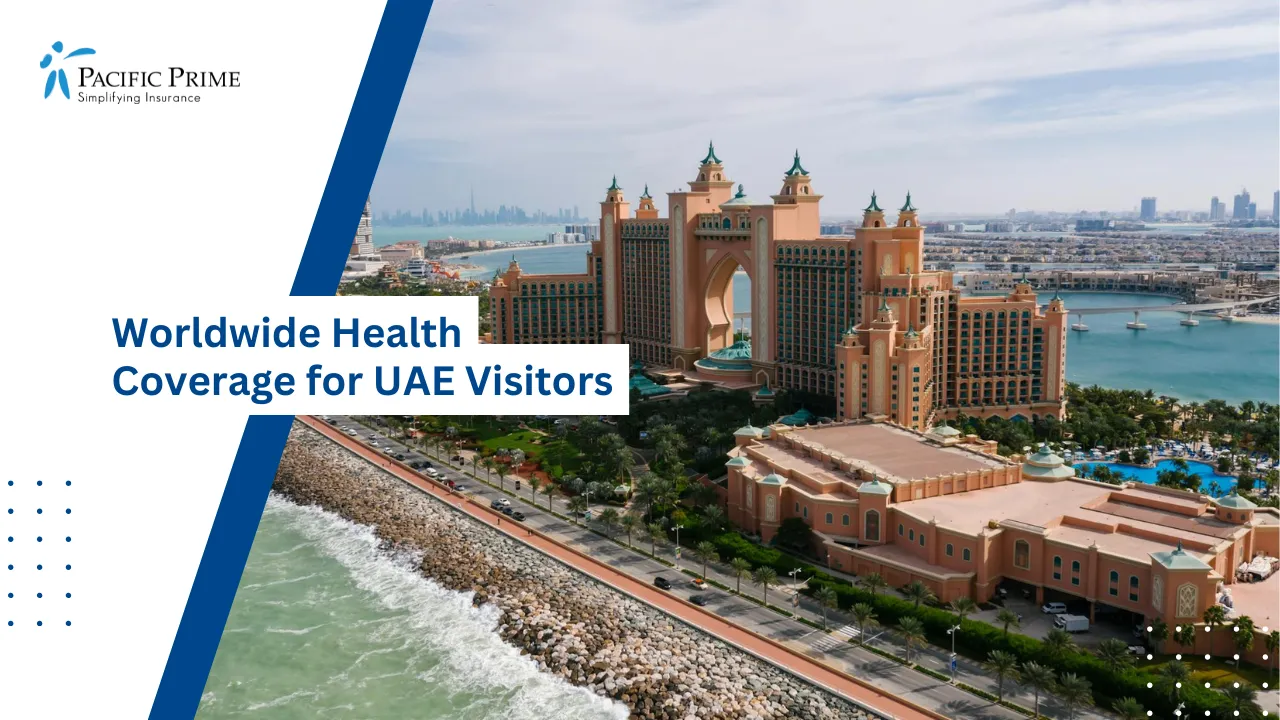 Image of Hotel Atlantis By The Seashore In Dubai With Clear Coastal View with text overlay of "Worldwide Health Coverage for UAE Visitors"
